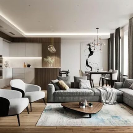 A living room with a couch and chairs